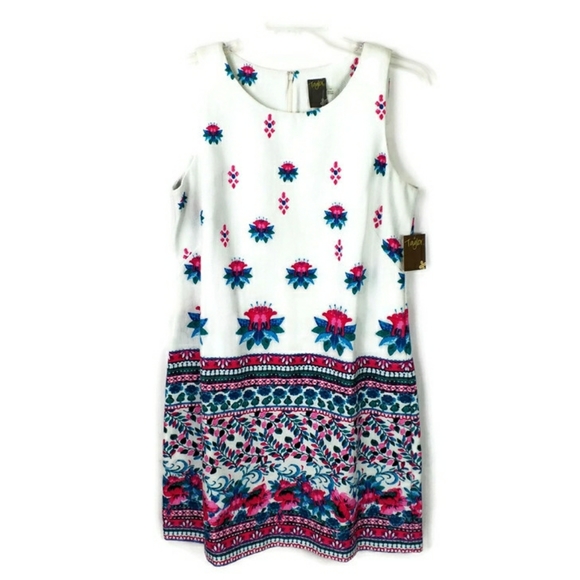Taylor Melon Turquoise Floral Border Print Sleeveless Shift Dress Womens 14 NWT - Picture 1 of 14